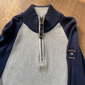 Nautica Jean Co. Vintage Navy and Gray Zip Up Ribbed Sweater
